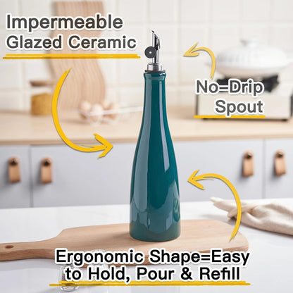 Olive Oil Dispenser Bottle, 20oz Ceramic Oil Dispenser for Kitchen | Oil Bottle with Gravity Spout, Leak Proof EVOO Dispensing Bottle with 2 Spouts and 1 Funnel for Vinegar, Juice(White)