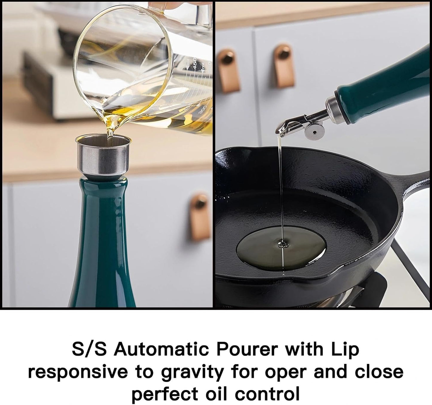 Olive Oil Dispenser Bottle, 20oz Ceramic Oil Dispenser for Kitchen | Oil Bottle with Gravity Spout, Leak Proof EVOO Dispensing Bottle with 2 Spouts and 1 Funnel for Vinegar, Juice(White)