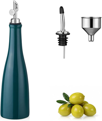 Olive Oil Dispenser Bottle, 20oz Ceramic Oil Dispenser for Kitchen | Oil Bottle with Gravity Spout, Leak Proof EVOO Dispensing Bottle with 2 Spouts and 1 Funnel for Vinegar, Juice(White)