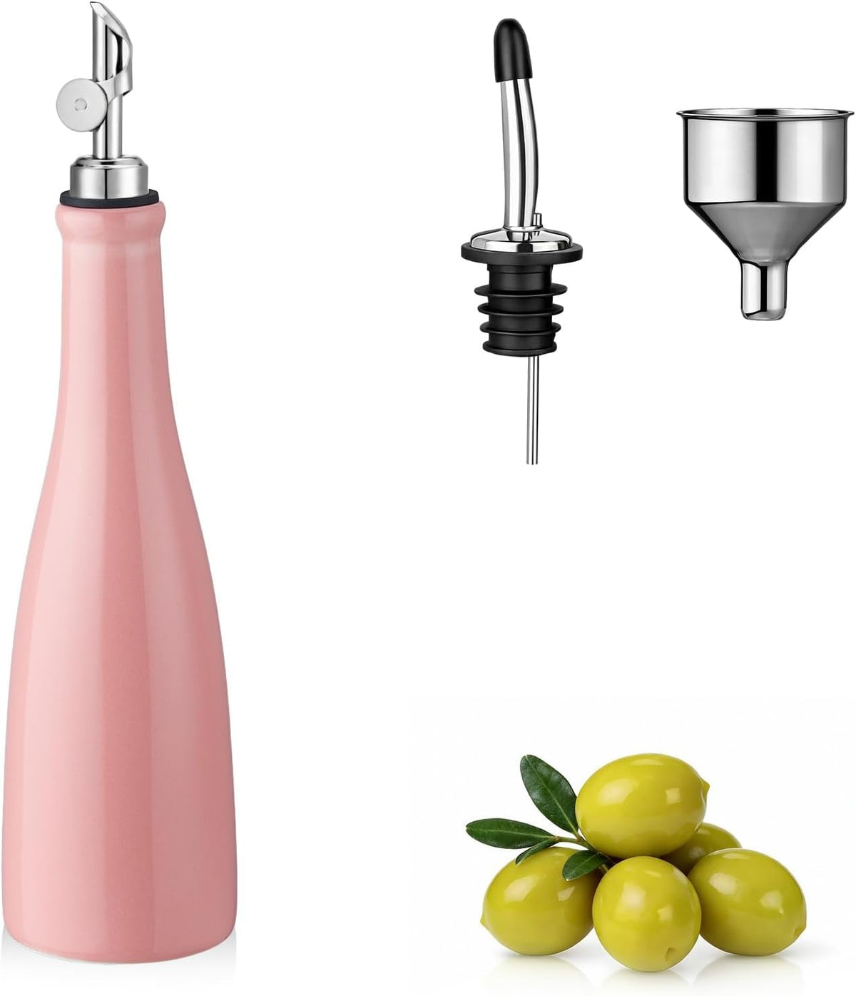 Olive Oil Dispenser Bottle, 20oz Ceramic Oil Dispenser for Kitchen | Oil Bottle with Gravity Spout, Leak Proof EVOO Dispensing Bottle with 2 Spouts and 1 Funnel for Vinegar, Juice(White)