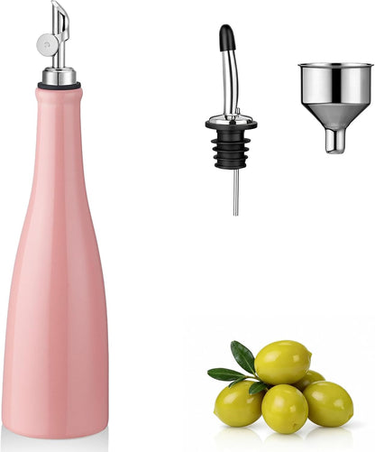 Olive Oil Dispenser Bottle, 20oz Ceramic Oil Dispenser for Kitchen | Oil Bottle with Gravity Spout, Leak Proof EVOO Dispensing Bottle with 2 Spouts and 1 Funnel for Vinegar, Juice(White)