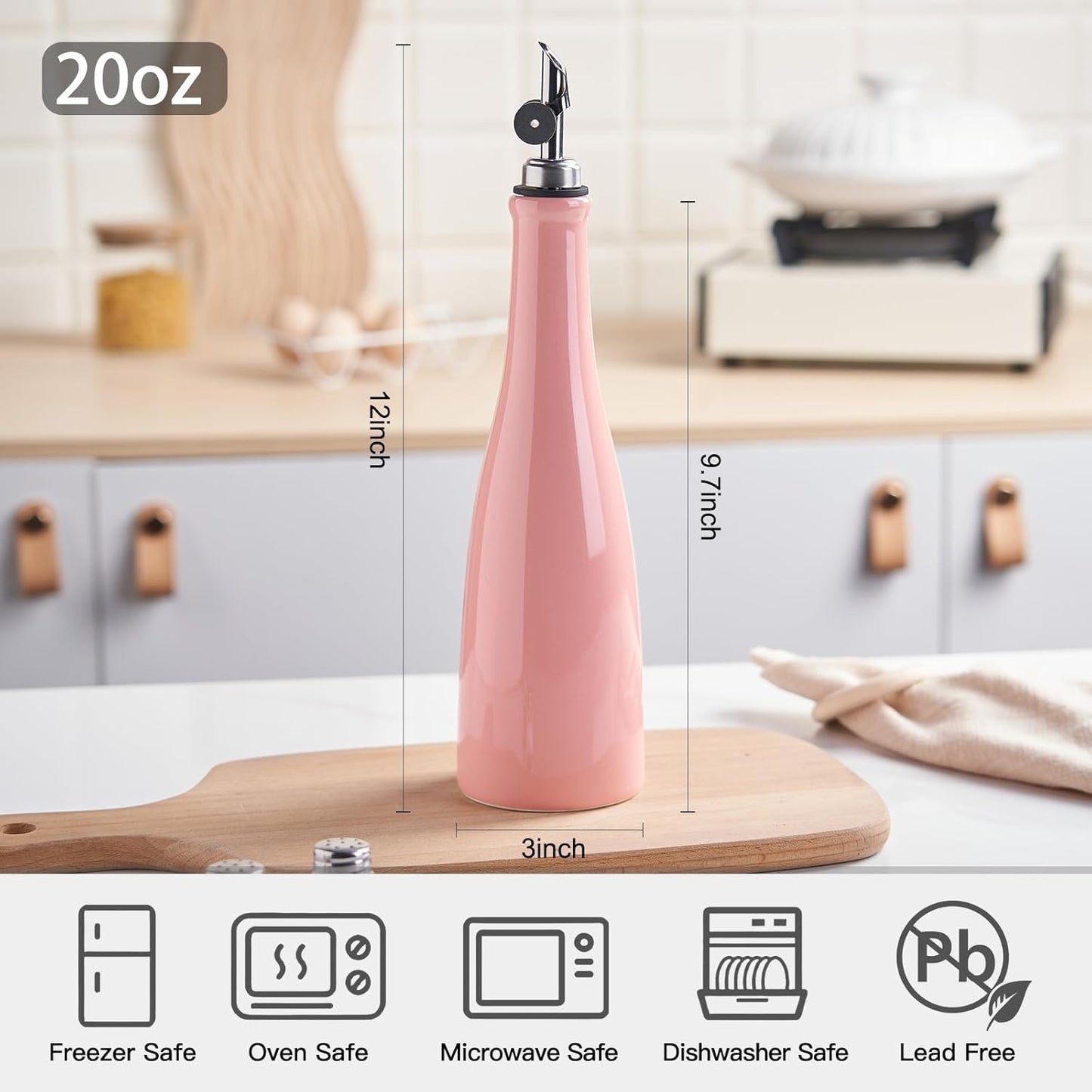 Olive Oil Dispenser Bottle, 20oz Ceramic Oil Dispenser for Kitchen | Oil Bottle with Gravity Spout, Leak Proof EVOO Dispensing Bottle with 2 Spouts and 1 Funnel for Vinegar, Juice(White)