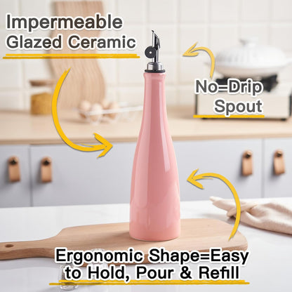 Olive Oil Dispenser Bottle, 20oz Ceramic Oil Dispenser for Kitchen | Oil Bottle with Gravity Spout, Leak Proof EVOO Dispensing Bottle with 2 Spouts and 1 Funnel for Vinegar, Juice(White)