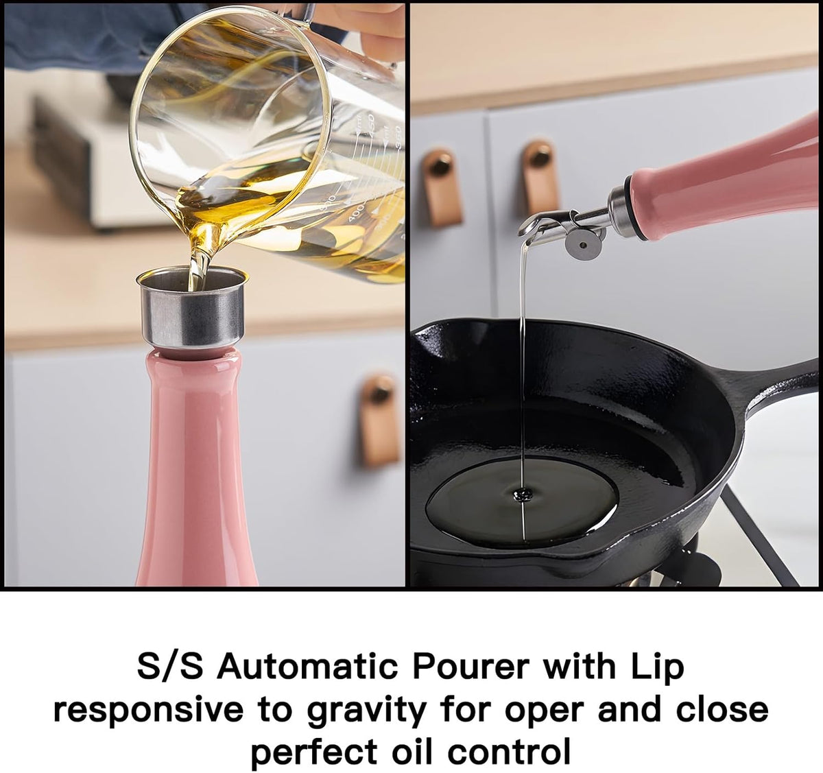 Olive Oil Dispenser Bottle, 20oz Ceramic Oil Dispenser for Kitchen | Oil Bottle with Gravity Spout, Leak Proof EVOO Dispensing Bottle with 2 Spouts and 1 Funnel for Vinegar, Juice(White)