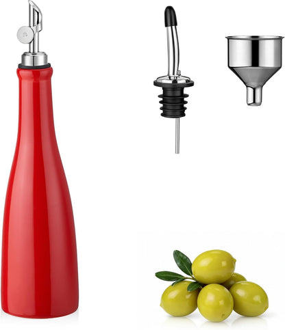 Olive Oil Dispenser Bottle, 20oz Ceramic Oil Dispenser for Kitchen | Oil Bottle with Gravity Spout, Leak Proof EVOO Dispensing Bottle with 2 Spouts and 1 Funnel for Vinegar, Juice(White)