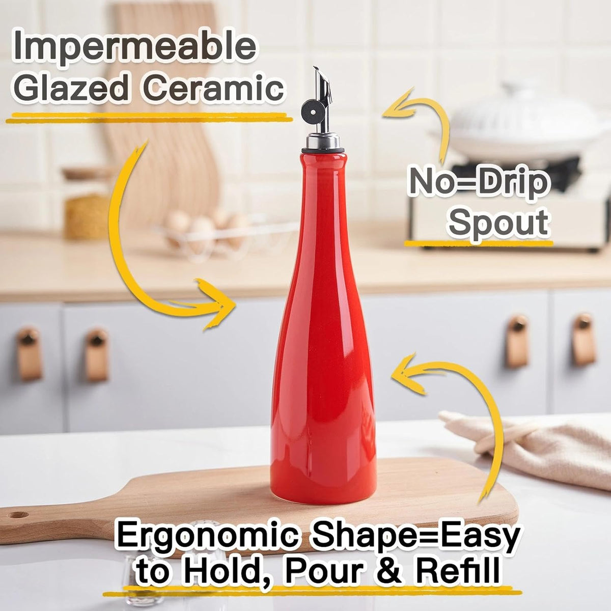 Olive Oil Dispenser Bottle, 20oz Ceramic Oil Dispenser for Kitchen | Oil Bottle with Gravity Spout, Leak Proof EVOO Dispensing Bottle with 2 Spouts and 1 Funnel for Vinegar, Juice(White)