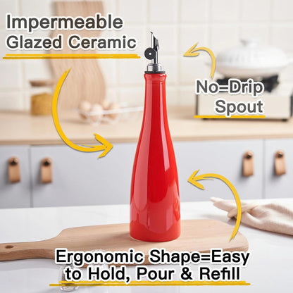Olive Oil Dispenser Bottle, 20oz Ceramic Oil Dispenser for Kitchen | Oil Bottle with Gravity Spout, Leak Proof EVOO Dispensing Bottle with 2 Spouts and 1 Funnel for Vinegar, Juice(White)