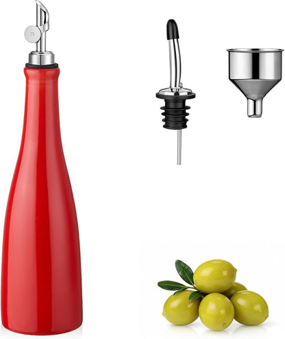 Olive Oil Dispenser Bottle, 20oz Ceramic Oil Dispenser for Kitchen | Oil Bottle with Gravity Spout, Leak Proof EVOO Dispensing Bottle with 2 Spouts and 1 Funnel for Vinegar, Juice(White)