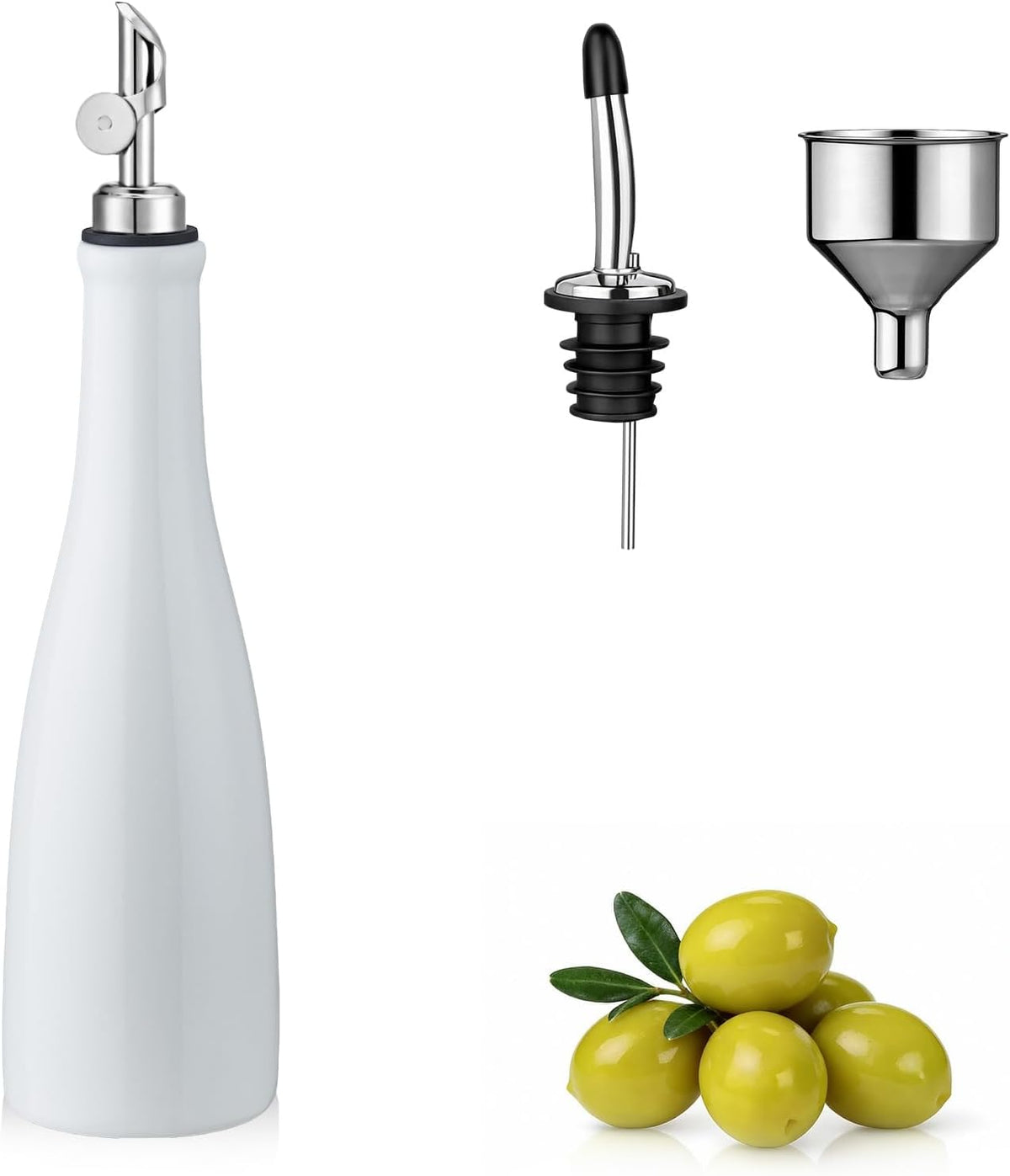 Olive Oil Dispenser Bottle, 20oz Ceramic Oil Dispenser for Kitchen | Oil Bottle with Gravity Spout, Leak Proof EVOO Dispensing Bottle with 2 Spouts and 1 Funnel for Vinegar, Juice(White)
