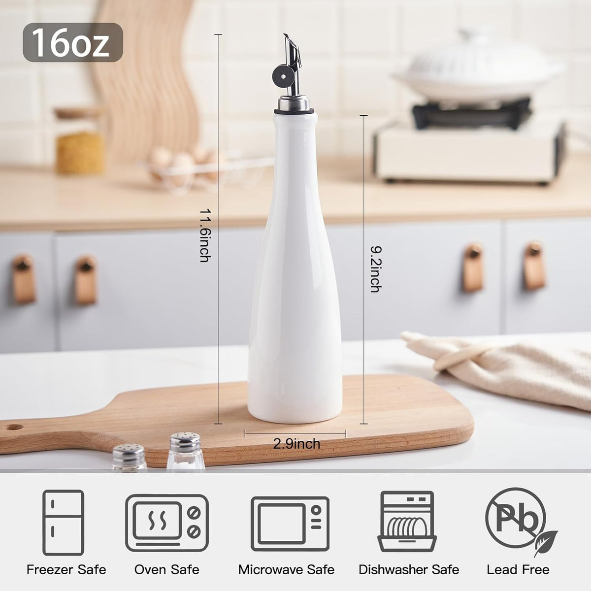Olive Oil Dispenser Bottle, 20oz Ceramic Oil Dispenser for Kitchen | Oil Bottle with Gravity Spout, Leak Proof EVOO Dispensing Bottle with 2 Spouts and 1 Funnel for Vinegar, Juice(White)