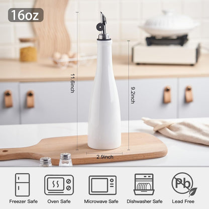Olive Oil Dispenser Bottle, 20oz Ceramic Oil Dispenser for Kitchen | Oil Bottle with Gravity Spout, Leak Proof EVOO Dispensing Bottle with 2 Spouts and 1 Funnel for Vinegar, Juice(White)