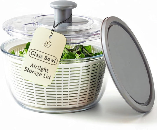 Glass Salad Spinner with Airtight Lid - BPA-Free - Easy Pump Lettuce Spinner Washer | Fruit Washing Bowl with Strainer | Vegetable Cleaner | Large Capacity Borosilicate Glass, 6.22 Quart