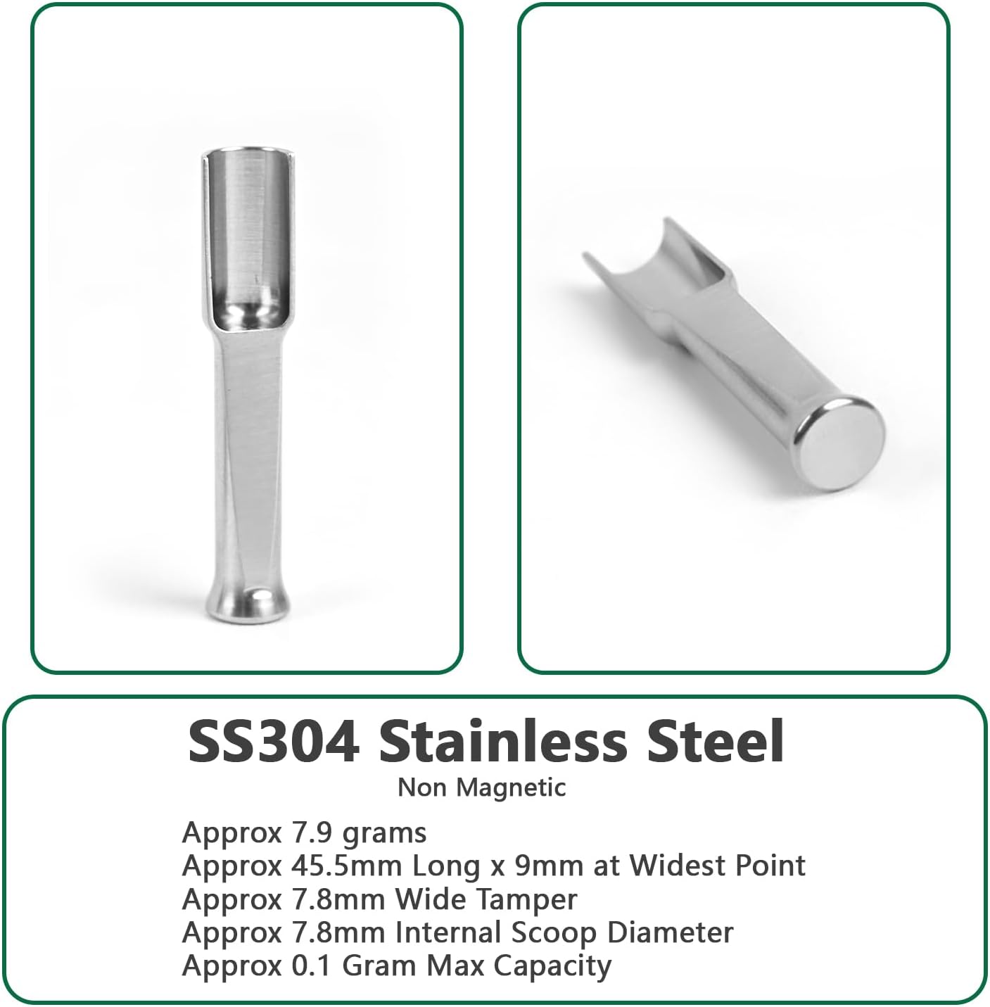 Mini SS304 stainless steel scoop with tamp tool,0.1 gram capacity 1.79 inch spoon for multi-purpose use sugar salt powder spices dishwashers safe for kitchen laboratory