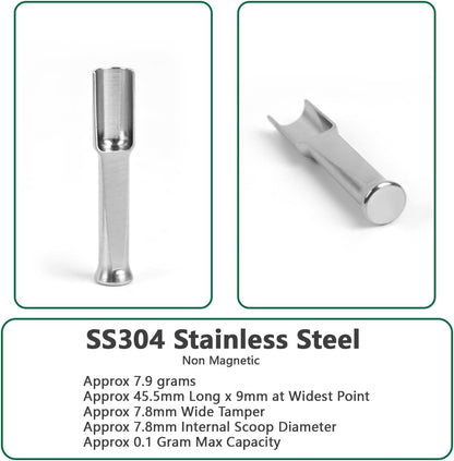 Mini SS304 stainless steel scoop with tamp tool,0.1 gram capacity 1.79 inch spoon for multi-purpose use sugar salt powder spices dishwashers safe for kitchen laboratory