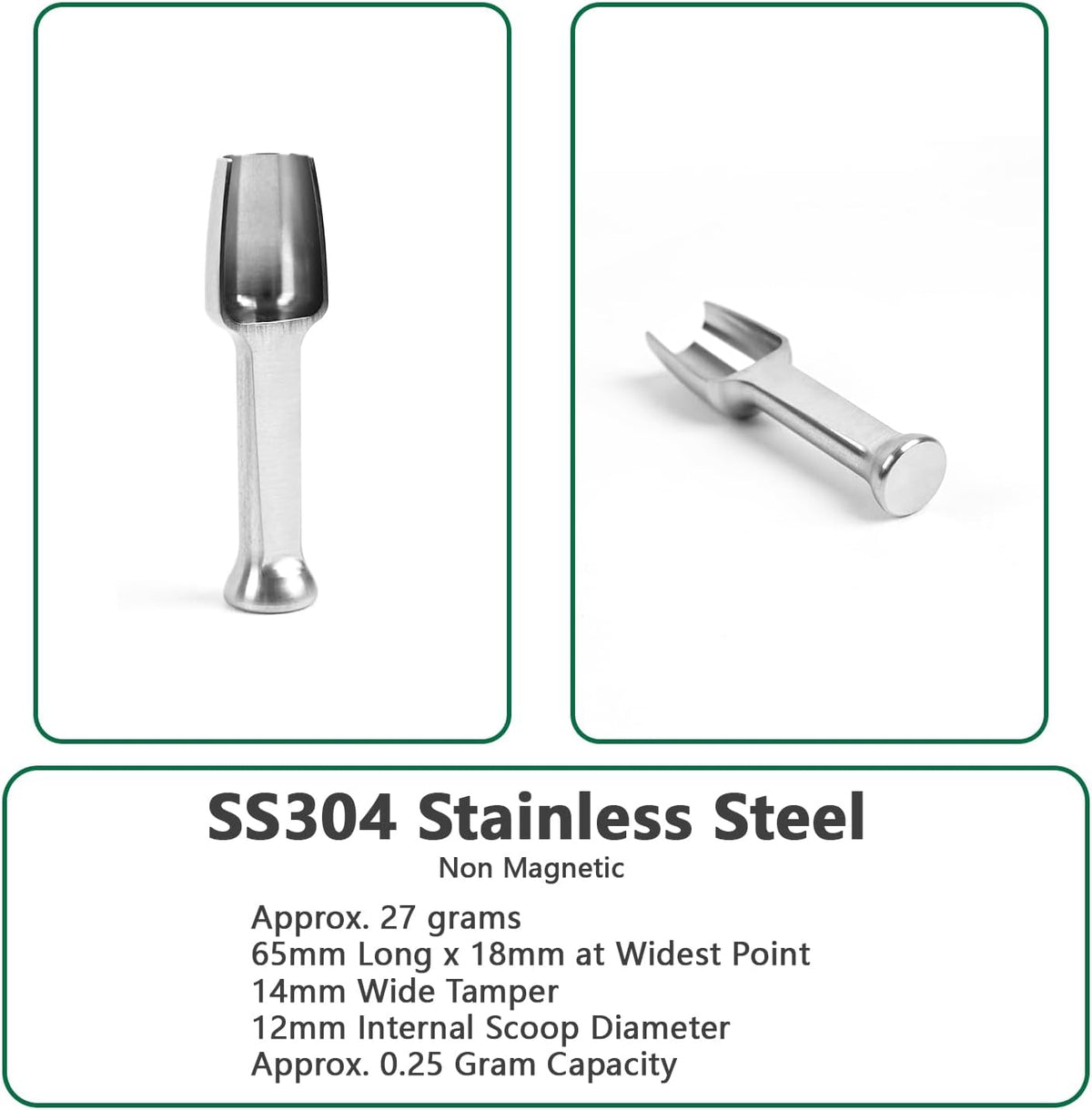 Mini SS304 stainless steel scoop with tamp tool,0.1 gram capacity 1.79 inch spoon for multi-purpose use sugar salt powder spices dishwashers safe for kitchen laboratory