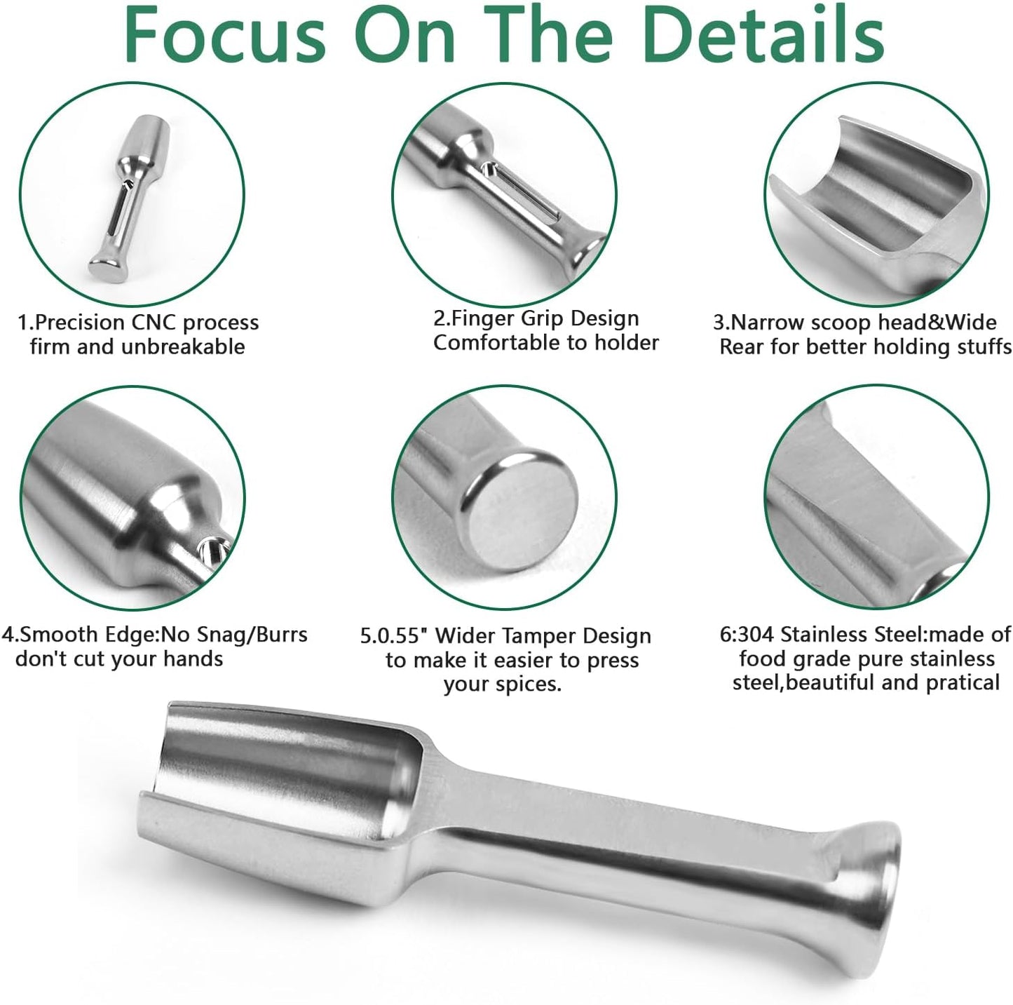Mini SS304 stainless steel scoop with tamp tool,0.1 gram capacity 1.79 inch spoon for multi-purpose use sugar salt powder spices dishwashers safe for kitchen laboratory