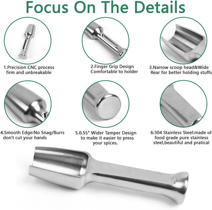 Mini SS304 stainless steel scoop with tamp tool,0.1 gram capacity 1.79 inch spoon for multi-purpose use sugar salt powder spices dishwashers safe for kitchen laboratory
