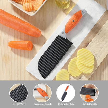 Crinkle Cutter for Veggies, Crinkle Cut Knife for French Fry, Vegetable, Potato, Cucumber, Carrot and Fruit, Stainless Steel Wave Fries Cutter Slicer With Ergonomic Handle, Dishwasher Safe