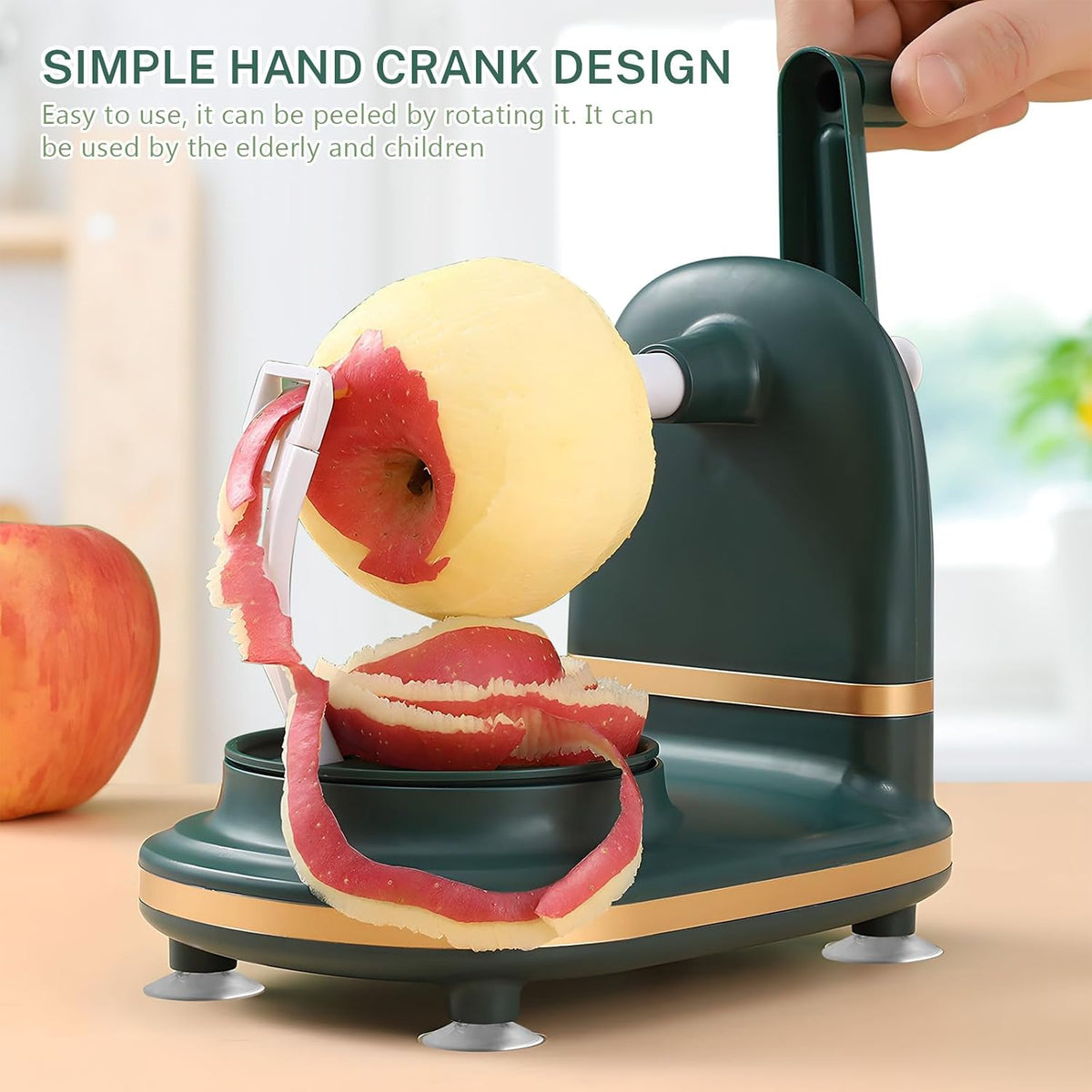 Manual Hand Crank Apple Peeler, Corer and Slicer – Suction Non Slip Counter Grips - Stainless Steel Blades – Peels, Cores and Cuts in Seconds for Home Kitchen (green, apple cutter 8 slices)