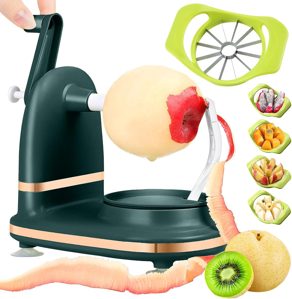 Manual Hand Crank Apple Peeler, Corer and Slicer – Suction Non Slip Counter Grips - Stainless Steel Blades – Peels, Cores and Cuts in Seconds for Home Kitchen (green, apple cutter 8 slices)