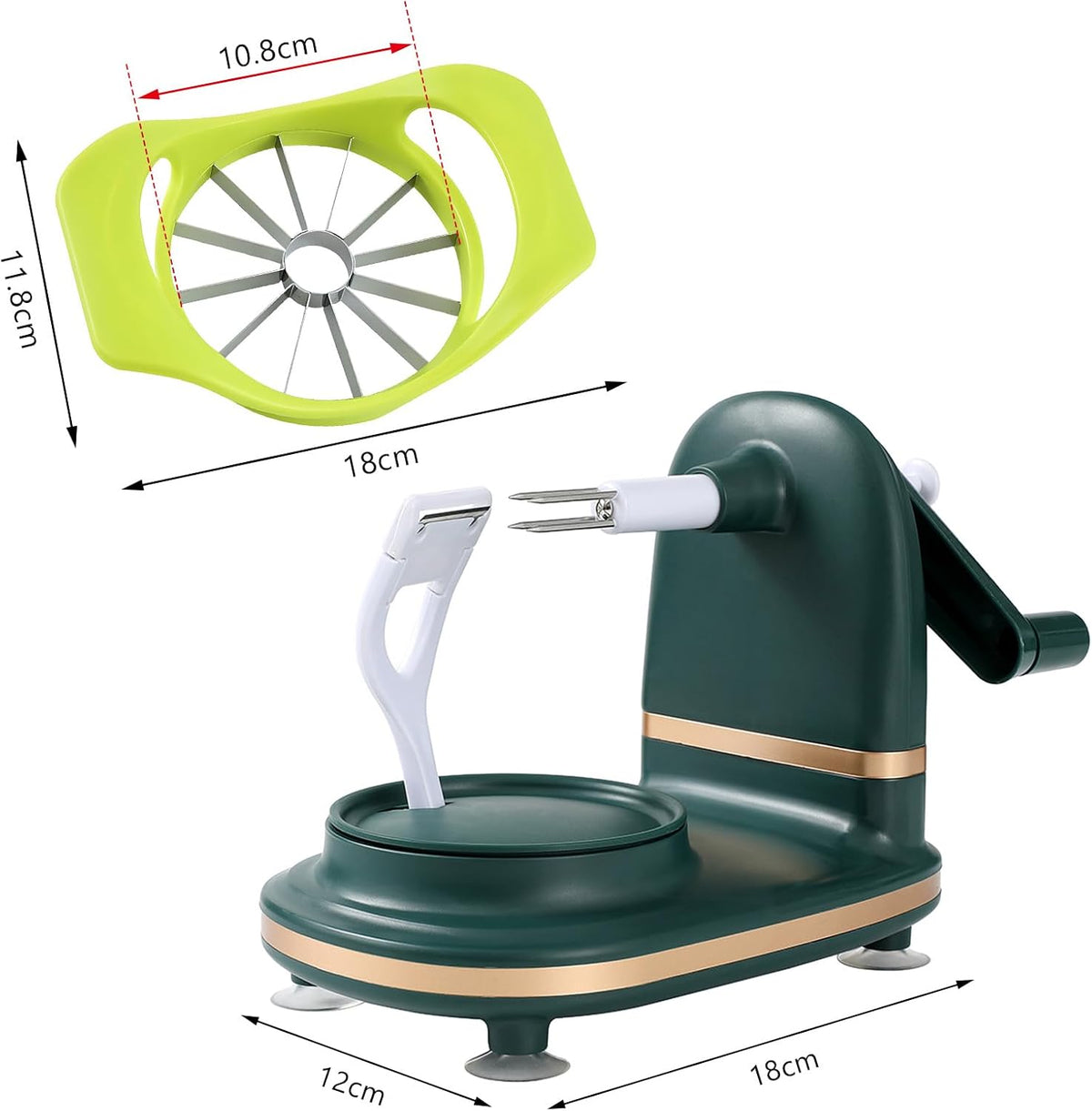 Manual Hand Crank Apple Peeler, Corer and Slicer – Suction Non Slip Counter Grips - Stainless Steel Blades – Peels, Cores and Cuts in Seconds for Home Kitchen (green, apple cutter 8 slices)