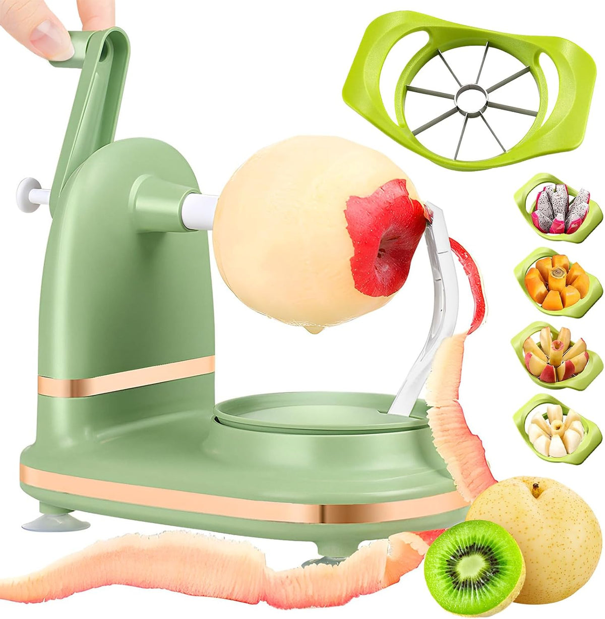 Manual Hand Crank Apple Peeler, Corer and Slicer – Suction Non Slip Counter Grips - Stainless Steel Blades – Peels, Cores and Cuts in Seconds for Home Kitchen (green, apple cutter 8 slices)