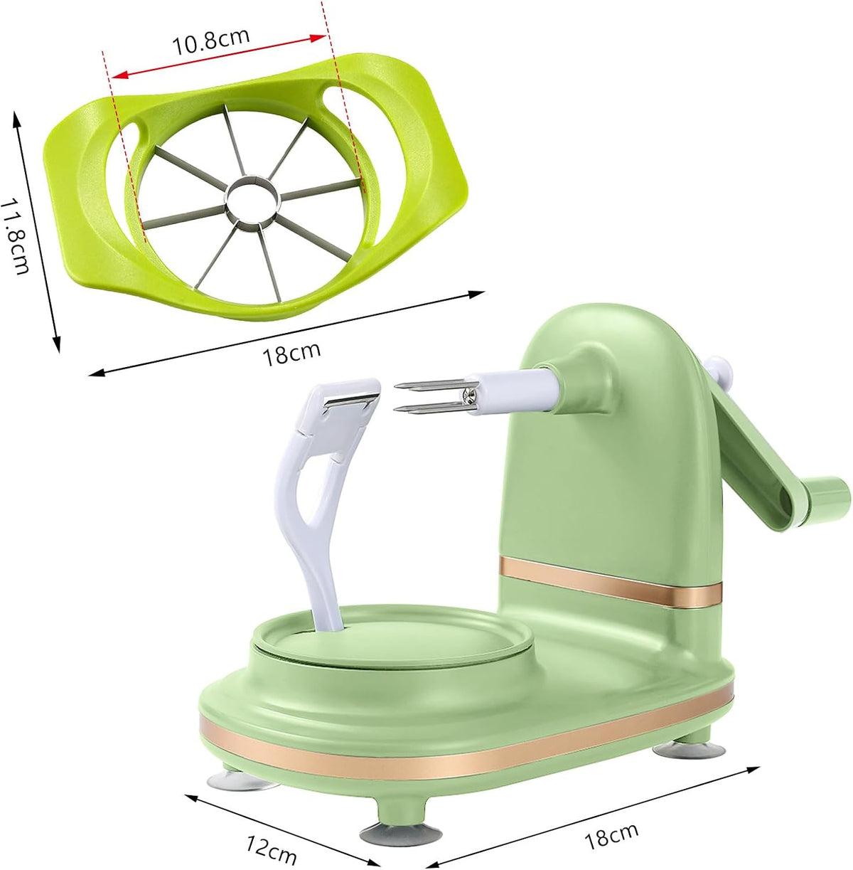 Manual Hand Crank Apple Peeler, Corer and Slicer – Suction Non Slip Counter Grips - Stainless Steel Blades – Peels, Cores and Cuts in Seconds for Home Kitchen (green, apple cutter 8 slices)