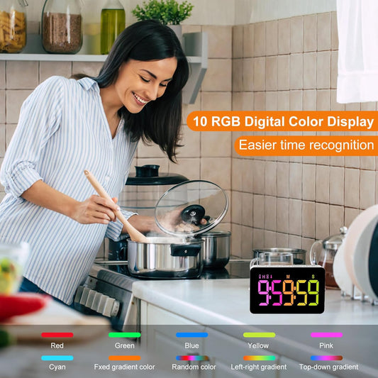 Kitchen Digital Timer, Count Down Up, Rechargeable, Vibration Mode | Adjustable Volume and Brightness LED Display, Time Management Cook, Desk, Kids Adults Study Teaching, Kitchen Gadgets RGB