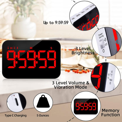 Kitchen Digital Timer, Count Down Up, Rechargeable, Vibration Mode | Adjustable Volume and Brightness LED Display, Time Management Cook, Desk, Kids Adults Study Teaching, Kitchen Gadgets RGB