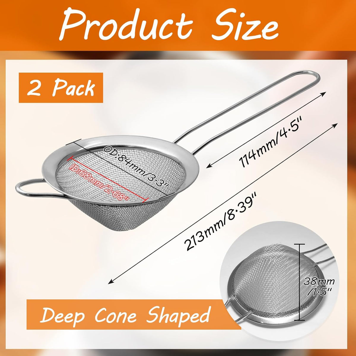 2 Pcs 8.5 cm/3.3 Inch Fine Mesh Strainer, Small