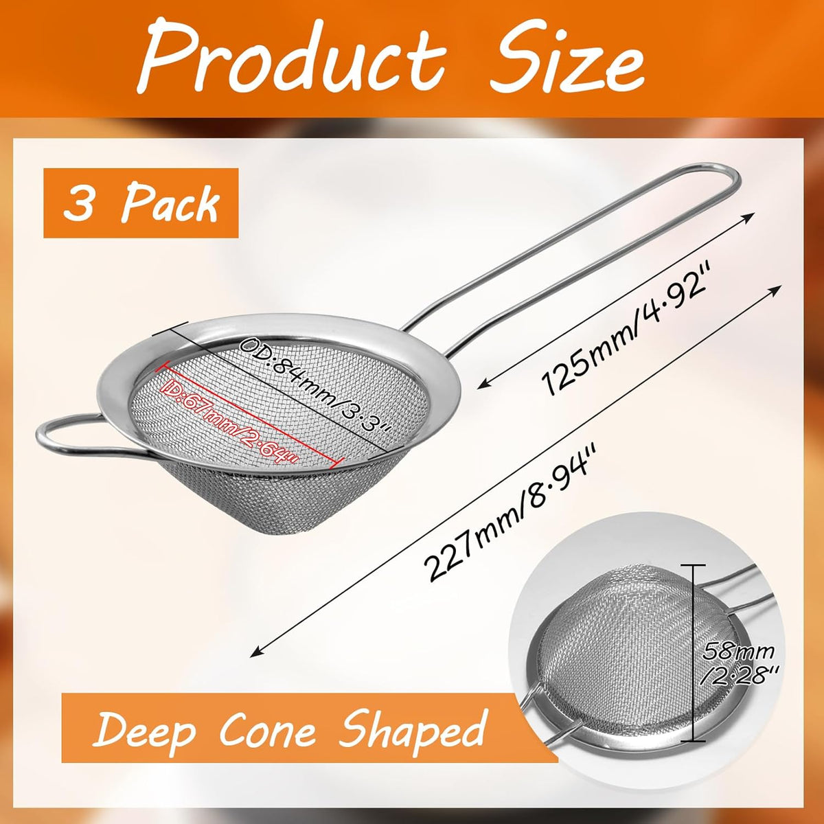 2 Pcs 8.5 cm/3.3 Inch Fine Mesh Strainer, Small