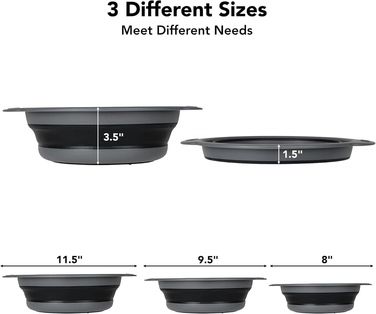 Collapsible Colander Set of 3 with Kitchen Counter Self-draining Base, Round Silicone Food Foldable Strainer for Cooking Pasta, Vegetables and Fruit (3QT, 4QT and 5QT), Black
