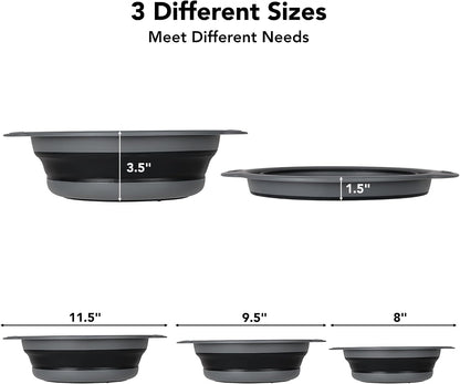 Collapsible Colander Set of 3 with Kitchen Counter Self-draining Base, Round Silicone Food Foldable Strainer for Cooking Pasta, Vegetables and Fruit (3QT, 4QT and 5QT), Black