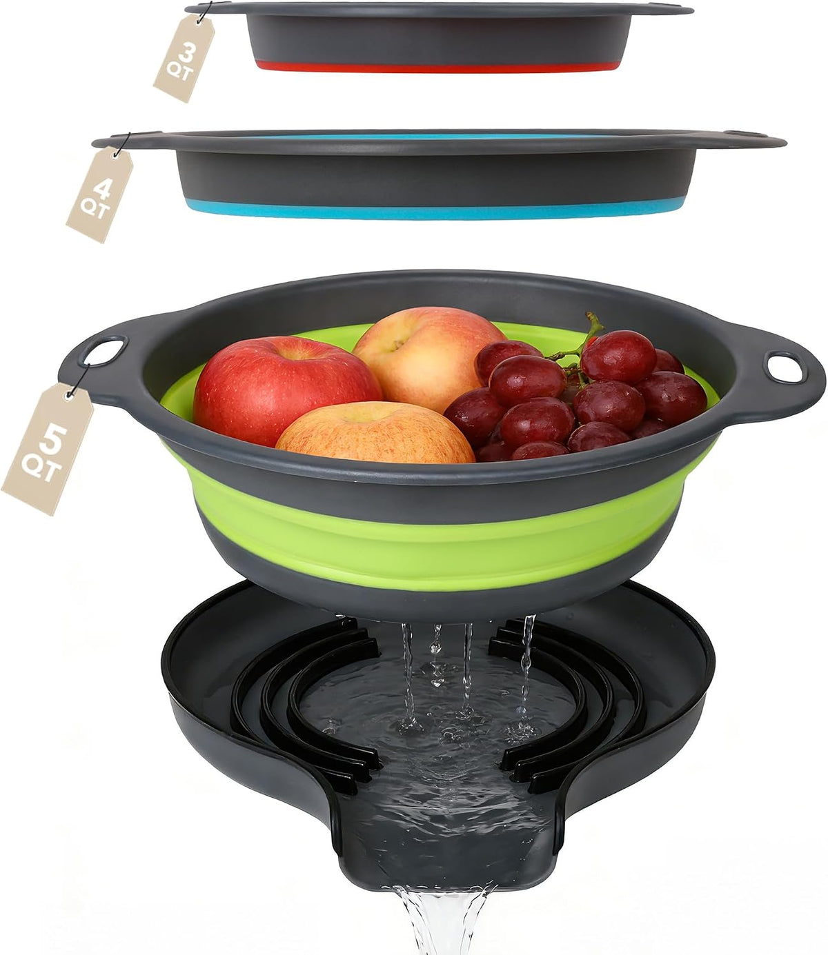 Collapsible Colander Set of 3 with Kitchen Counter Self-draining Base, Round Silicone Food Foldable Strainer for Cooking Pasta, Vegetables and Fruit (3QT, 4QT and 5QT), Black