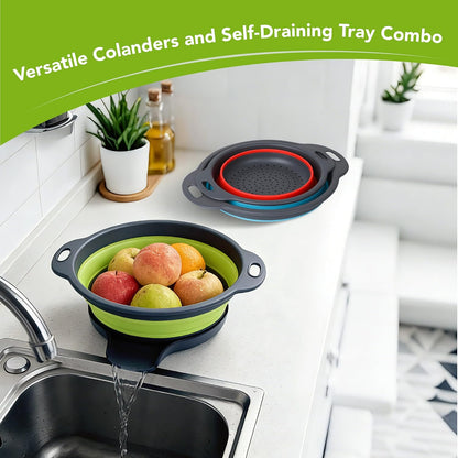Collapsible Colander Set of 3 with Kitchen Counter Self-draining Base, Round Silicone Food Foldable Strainer for Cooking Pasta, Vegetables and Fruit (3QT, 4QT and 5QT), Black