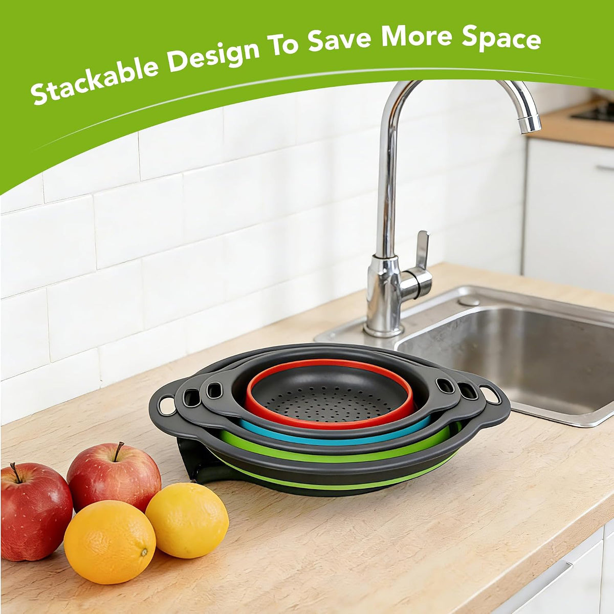 Collapsible Colander Set of 3 with Kitchen Counter Self-draining Base, Round Silicone Food Foldable Strainer for Cooking Pasta, Vegetables and Fruit (3QT, 4QT and 5QT), Black