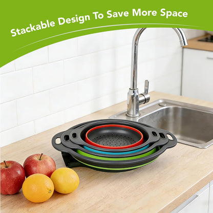 Collapsible Colander Set of 3 with Kitchen Counter Self-draining Base, Round Silicone Food Foldable Strainer for Cooking Pasta, Vegetables and Fruit (3QT, 4QT and 5QT), Black