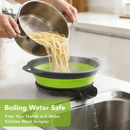 Collapsible Colander Set of 3 with Kitchen Counter Self-draining Base, Round Silicone Food Foldable Strainer for Cooking Pasta, Vegetables and Fruit (3QT, 4QT and 5QT), Black