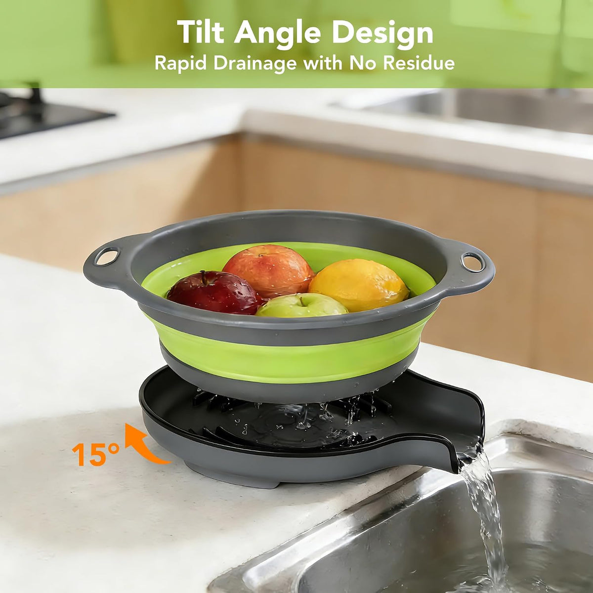 Collapsible Colander Set of 3 with Kitchen Counter Self-draining Base, Round Silicone Food Foldable Strainer for Cooking Pasta, Vegetables and Fruit (3QT, 4QT and 5QT), Black