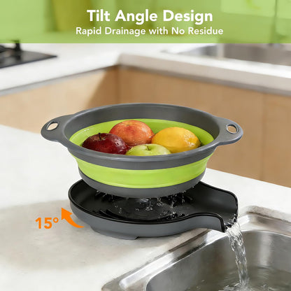 Collapsible Colander Set of 3 with Kitchen Counter Self-draining Base, Round Silicone Food Foldable Strainer for Cooking Pasta, Vegetables and Fruit (3QT, 4QT and 5QT), Black