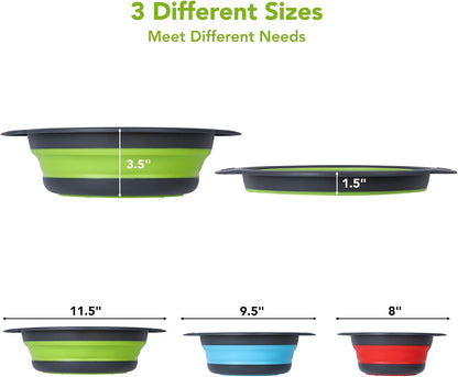 Collapsible Colander Set of 3 with Kitchen Counter Self-draining Base, Round Silicone Food Foldable Strainer for Cooking Pasta, Vegetables and Fruit (3QT, 4QT and 5QT), Black