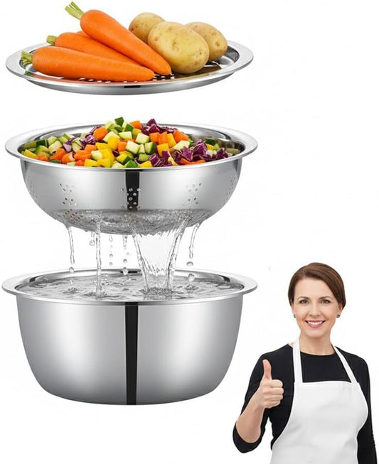 Germany Multifunctional Stainless Steel Basin, 2026 New 3 in 1 Multifunctional Stainless Steel Basin Strainer Set with Grater, Strainer Drain Basket for Rinsing Draining Mixing (S (10.24in))