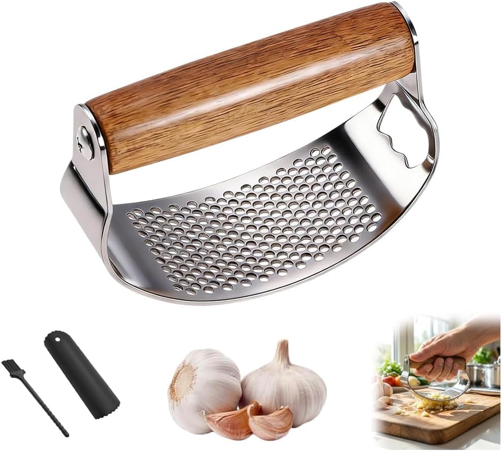 Garlic Press Rocker 2026 New,Portable Manual Stainless Steel Garlic Press Rocker Crusher Masher with Garlic Peeling Drum for Home Kitchen Utensils Garlic Crusher