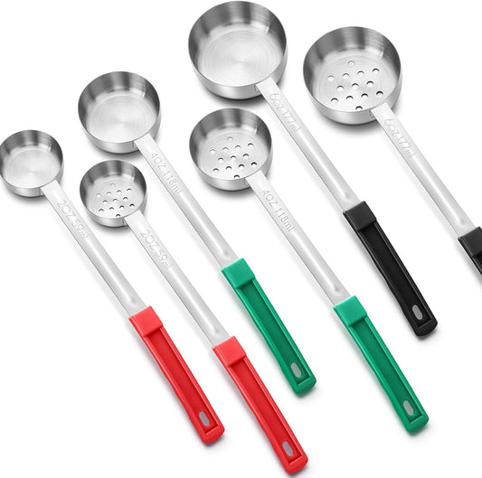 6 Pcs Portion Control Serving Spoons, Restaurant Measuring Serving Ladle Utensils, Portion Control Slotted and Unslotted Scoops for Weight Loss, Kitchen, 3 Size