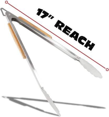 Pro BBQ Tongs for Grill - 17" Professional Grade Barbecue Tongs for Cooking- Solid & Sturdy - Built with 304 Grade Stainless Steel and Acacia Wood - Heavy Duty Built to Last Kitchen essential.
