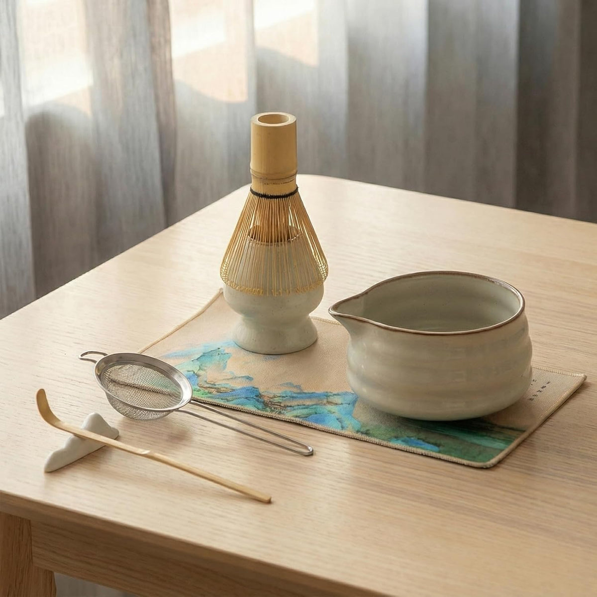 Complete matcha kit with ceramic bowl, bamboo whisk, whisk holder, scoop and sifter, designed for Japanese tea ceremony, daily matcha and gifts.