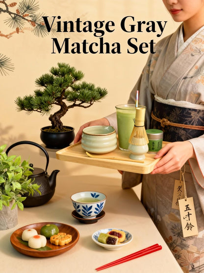 Complete matcha kit with ceramic bowl, bamboo whisk, whisk holder, scoop and sifter, designed for Japanese tea ceremony, daily matcha and gifts.