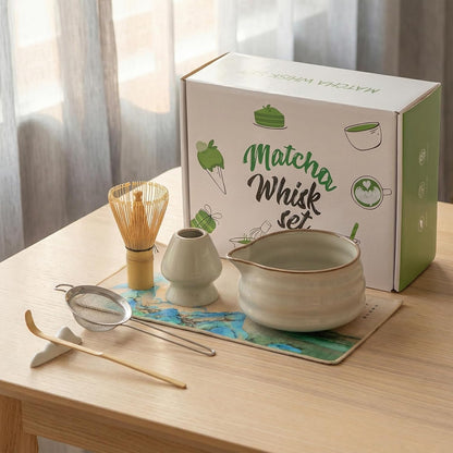 Complete matcha kit with ceramic bowl, bamboo whisk, whisk holder, scoop and sifter, designed for Japanese tea ceremony, daily matcha and gifts.