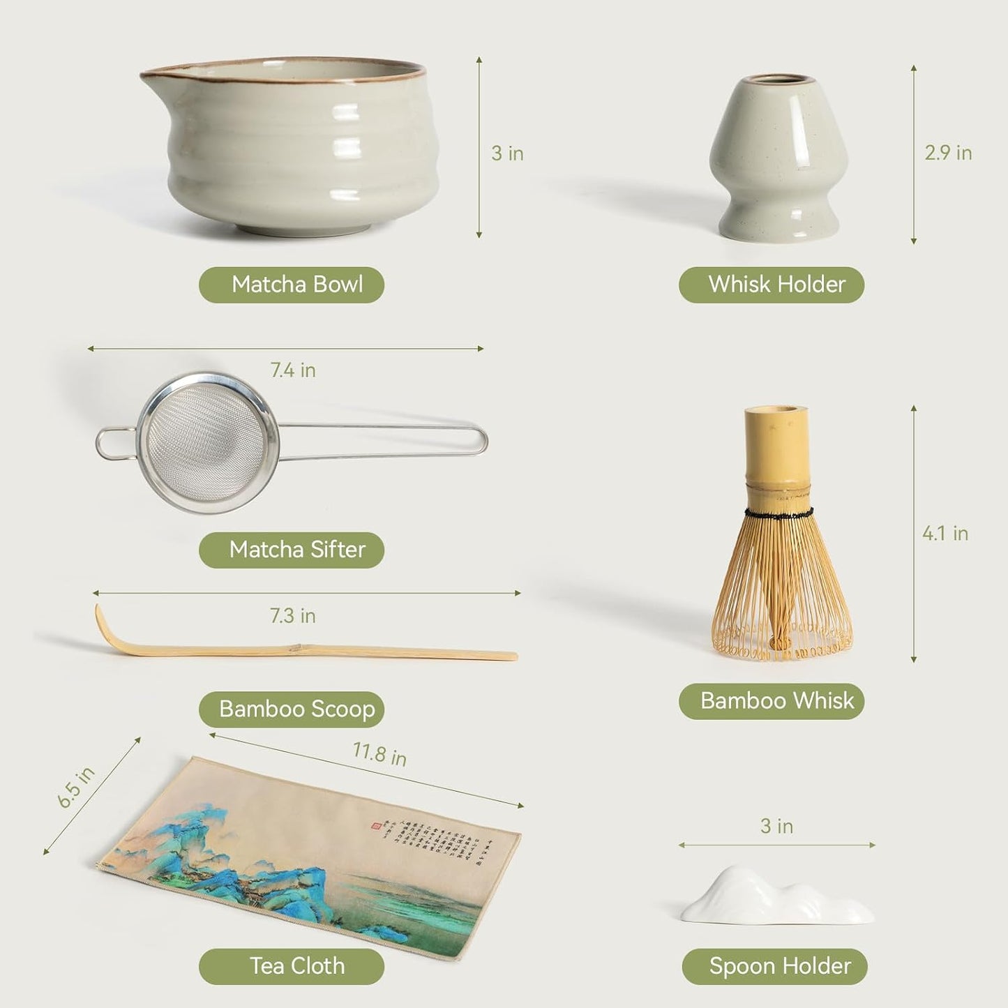 Complete matcha kit with ceramic bowl, bamboo whisk, whisk holder, scoop and sifter, designed for Japanese tea ceremony, daily matcha and gifts.
