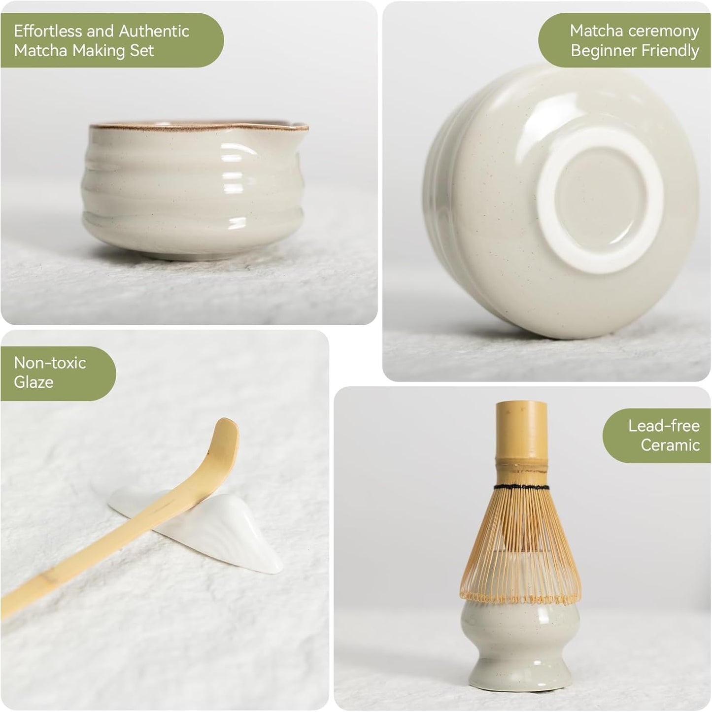 Complete matcha kit with ceramic bowl, bamboo whisk, whisk holder, scoop and sifter, designed for Japanese tea ceremony, daily matcha and gifts.